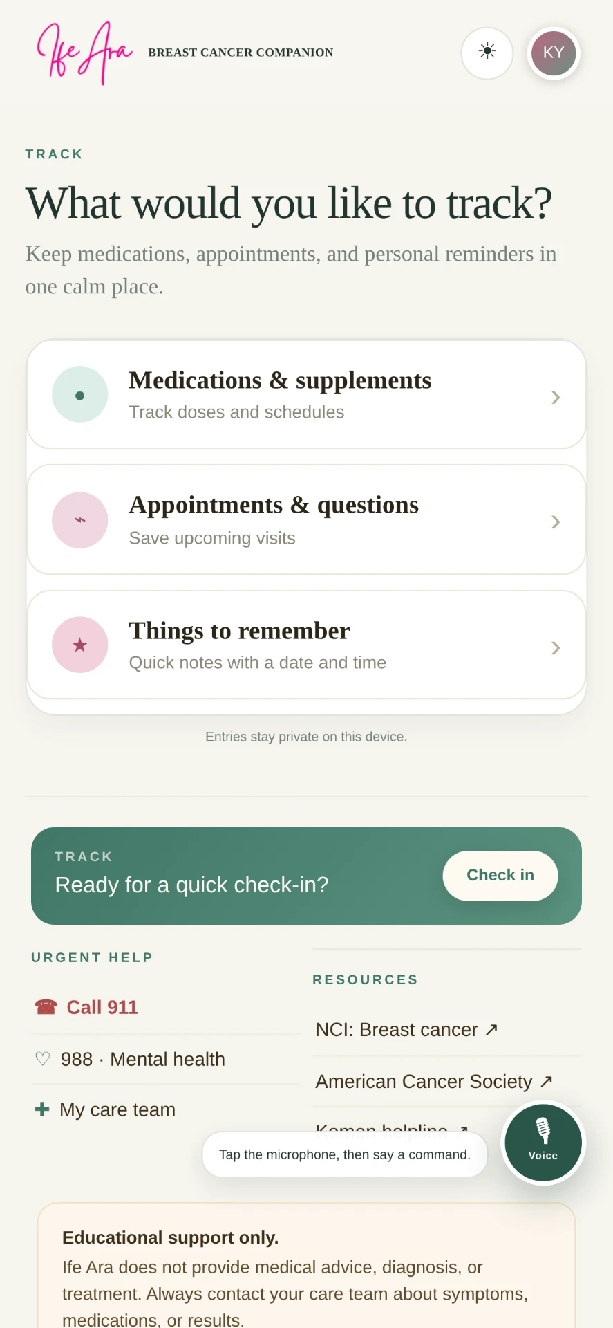 Breast Cancer Companion tracking screen for medications, appointments and reminders