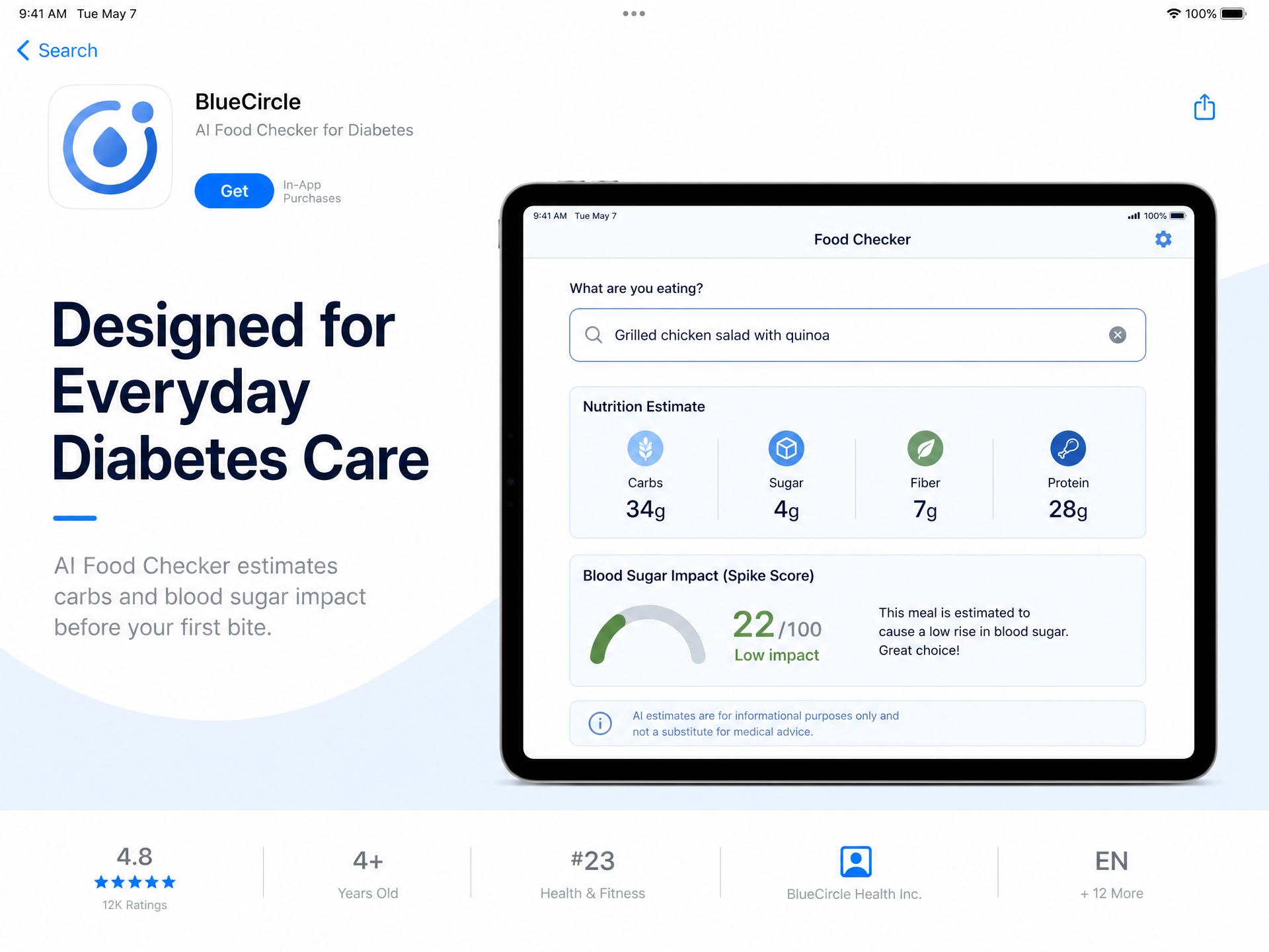 Diabetes Companion food and nutrition screen on a tablet