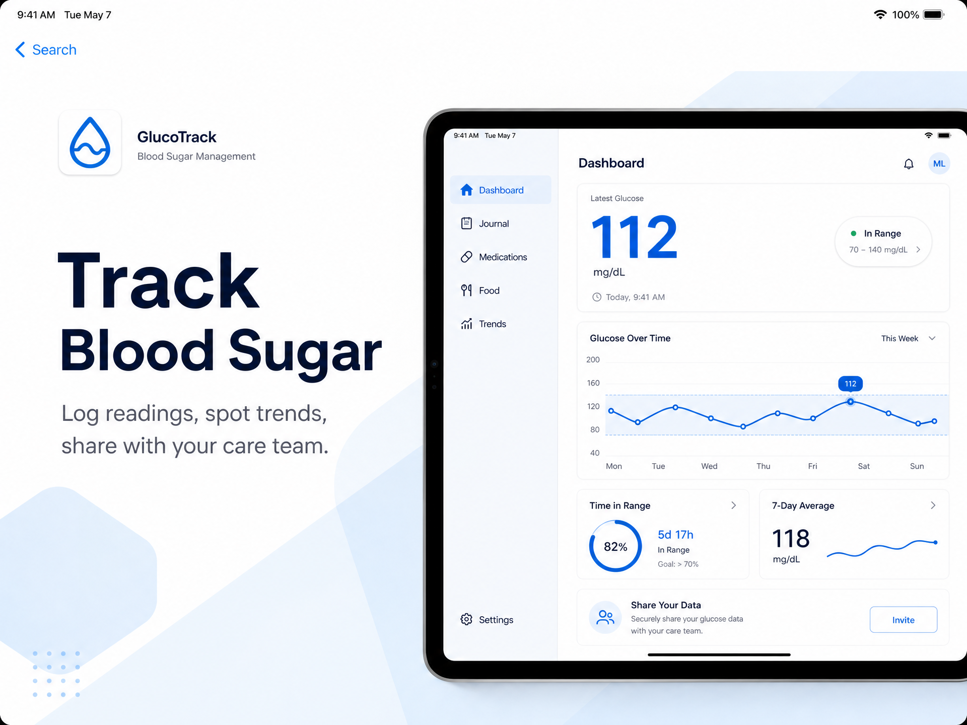 Diabetes Companion blood sugar dashboard on a tablet