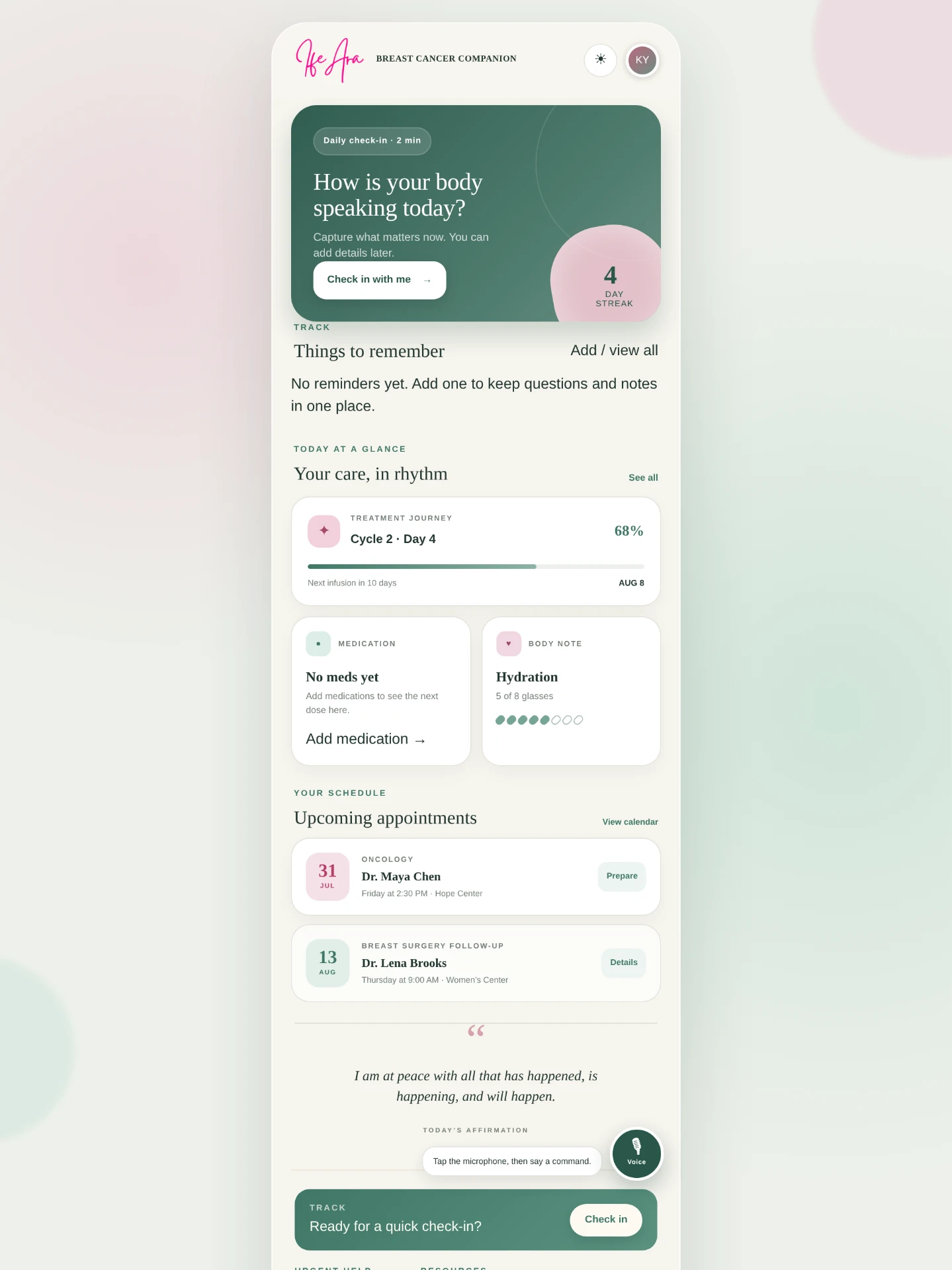 Breast Cancer Companion daily check-in and care summary screen